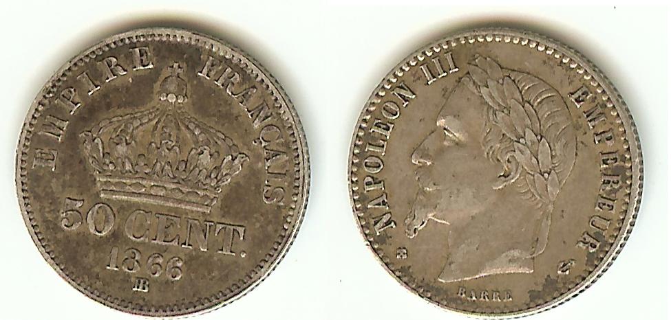 50 Centimes Napoléon III 1866BB Strasbourg SUP